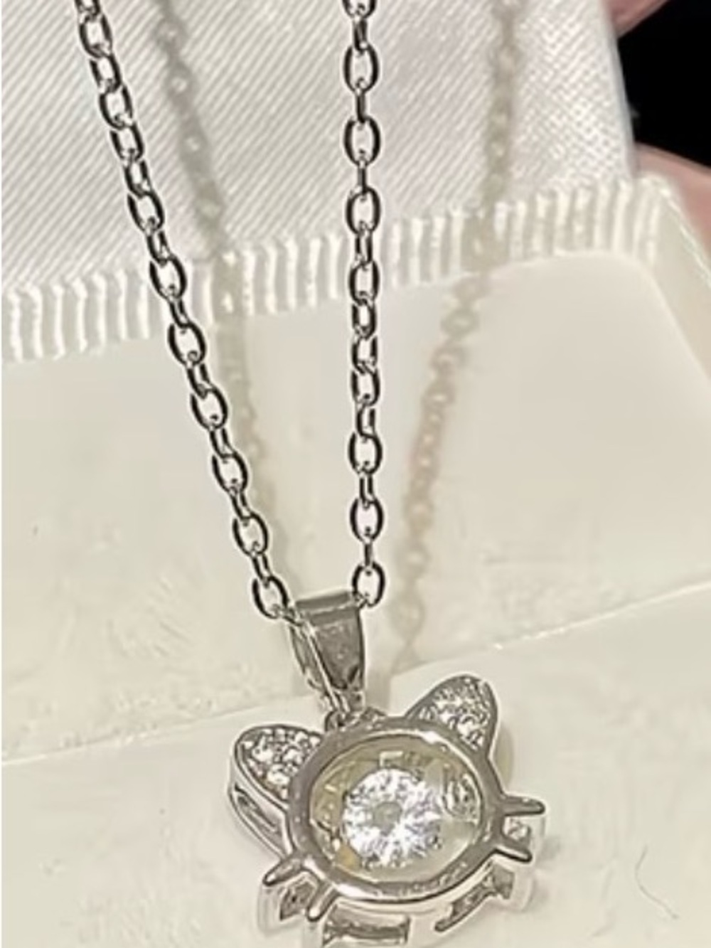 Delicate Silver Cat Pendant Necklace with Clear Stone